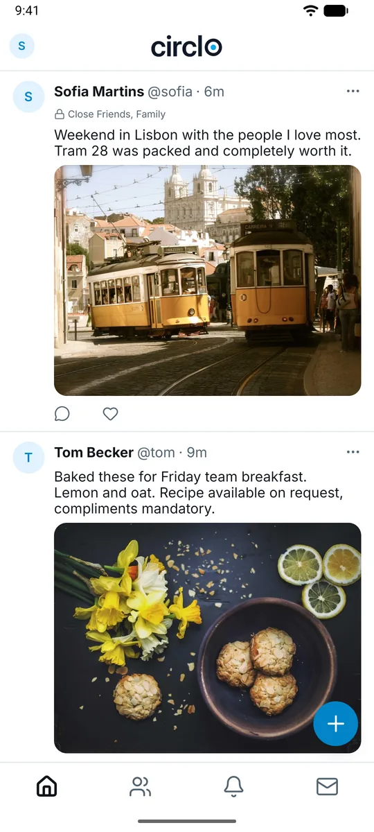 The Circlo timeline with posts from friends and family